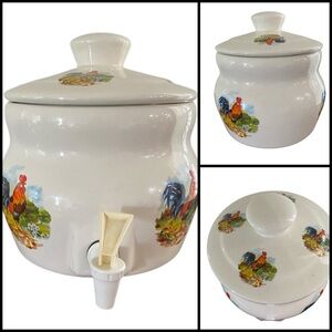 Vintage White Rooster Farmhouse Ceramic Beverage Spigot Gallon Dispenser Cottage